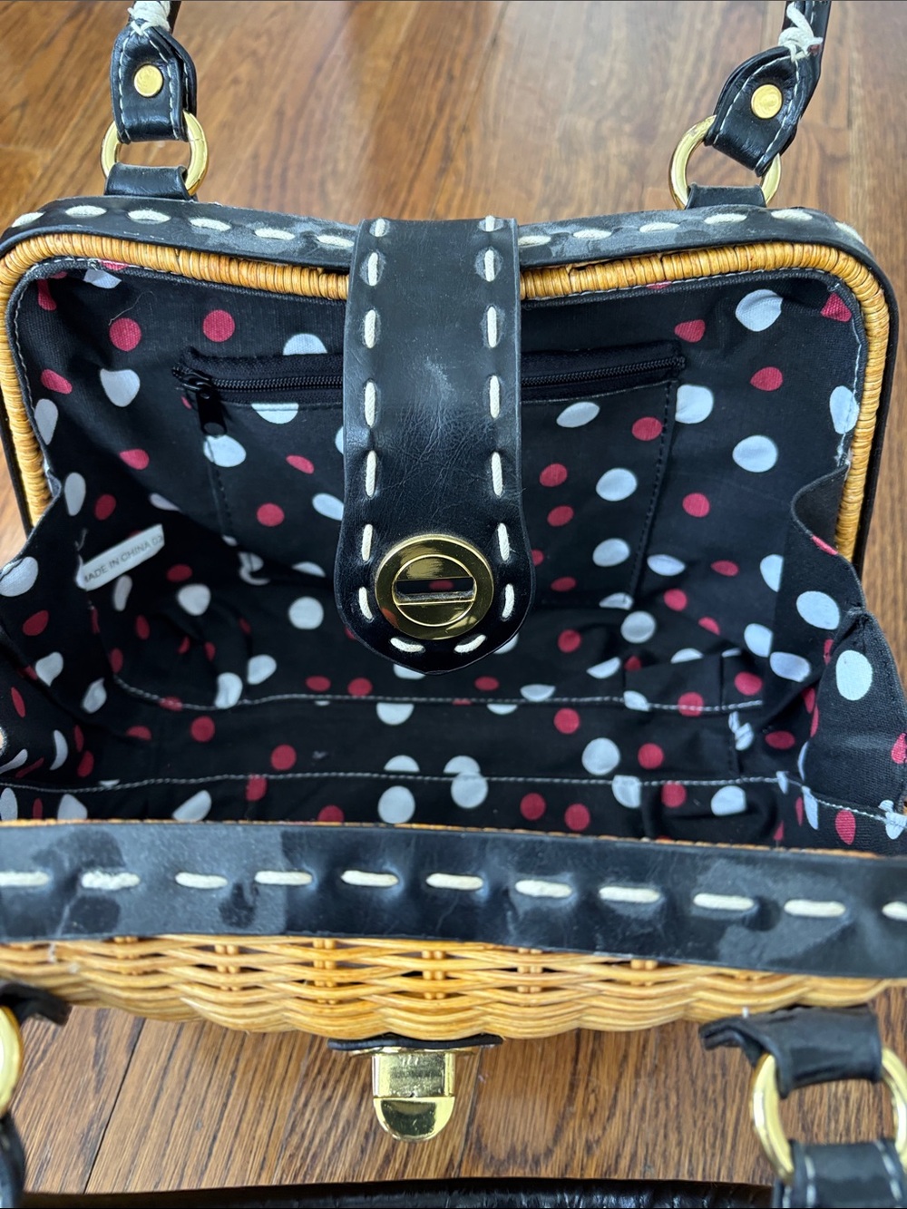 Woven Rattan Mini Satchel Handbag with Black Leather Trim - Picture 3 of 7